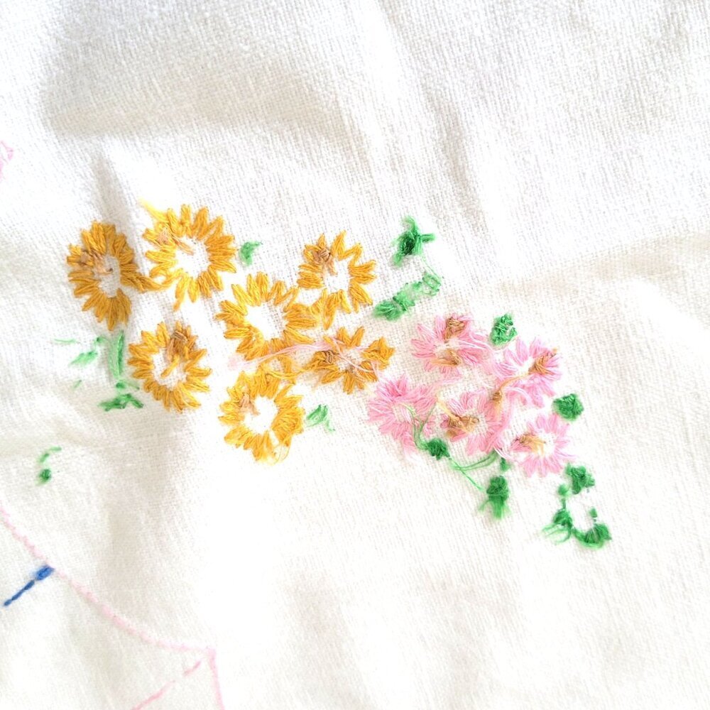 Vintage Embroidered Dresser Scarf Table Runner Flowers Crocheted Trim 26" x 20" - Picture 4 of 8